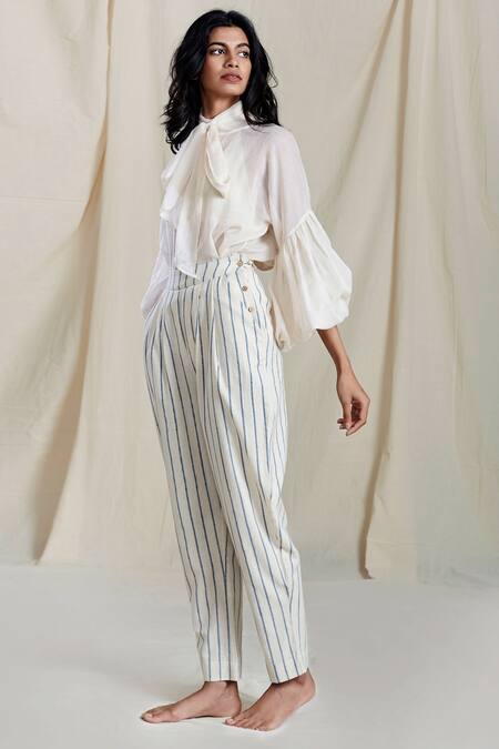 Buy_MATI_Off White Cotton Mul Bishop Sleeves Shirt_Online_at_Aza_Fashions