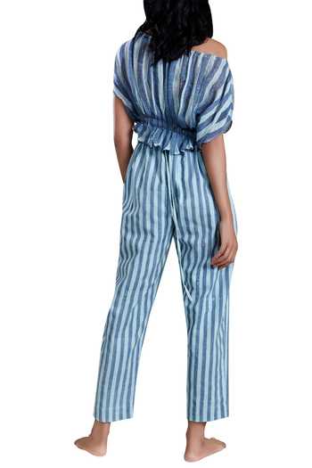 Shop MATI Blue Linen Striped Crop Top at Aza Fashions Shop_MATI_Blue Linen Striped Crop Top_at_Aza_Fashions