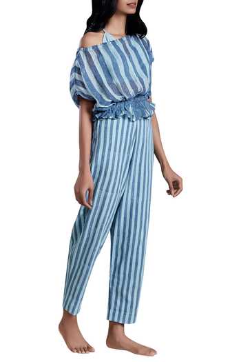 MATI Blue Linen Striped Crop Top Online at Aza Fashions MATI_Blue Linen Striped Crop Top_Online_at_Aza_Fashions