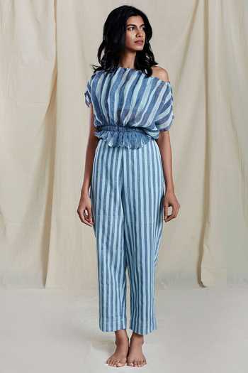 Buy MATI Blue Linen Striped Crop Top Online at Aza Fashions Buy_MATI_Blue Linen Striped Crop Top_Online_at_Aza_Fashions