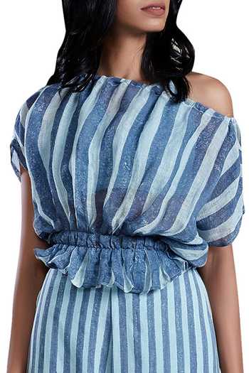 Shop MATI Blue Linen Striped Crop Top Online at Aza Fashions Shop_MATI_Blue Linen Striped Crop Top_Online_at_Aza_Fashions