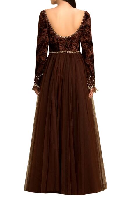 Shop Rocky Star Brown Silk Embroidered Gown at Aza Fashions Shop_Rocky Star_Brown Silk Embroidered Gown_at_Aza_Fashions