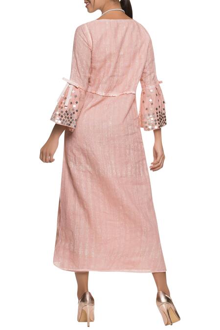 Shop_Kaveri_Pink Linen Embroidered Dress_at_Aza_Fashions