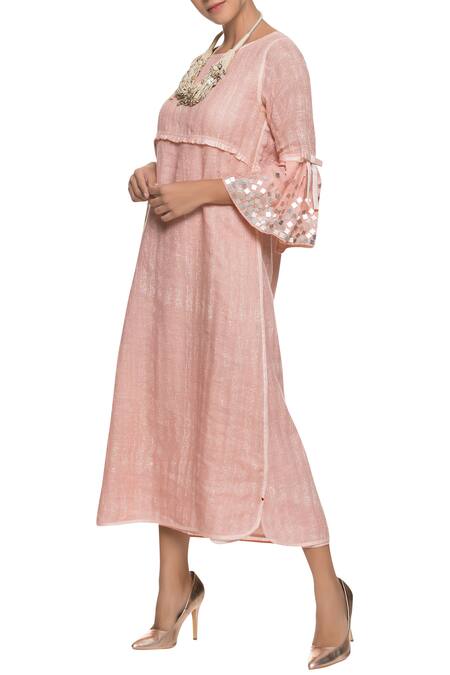 Kaveri_Pink Linen Embroidered Dress_Online_at_Aza_Fashions