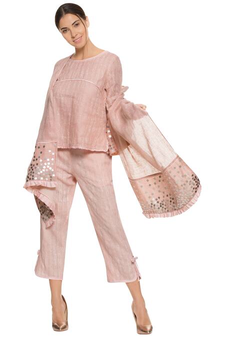 Shop_Kaveri_Pink Linen Sequin Embroidered Scarf_at_Aza_Fashions