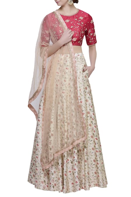 Ivory By Dipika Red Embroidered And Printed Lehenga Set
