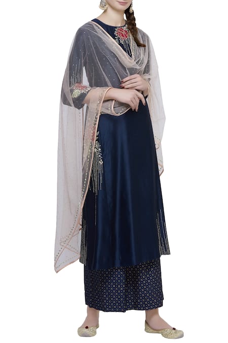 Ivory by Dipika Blue Hand Embroidered Kurta Palazzo Set  