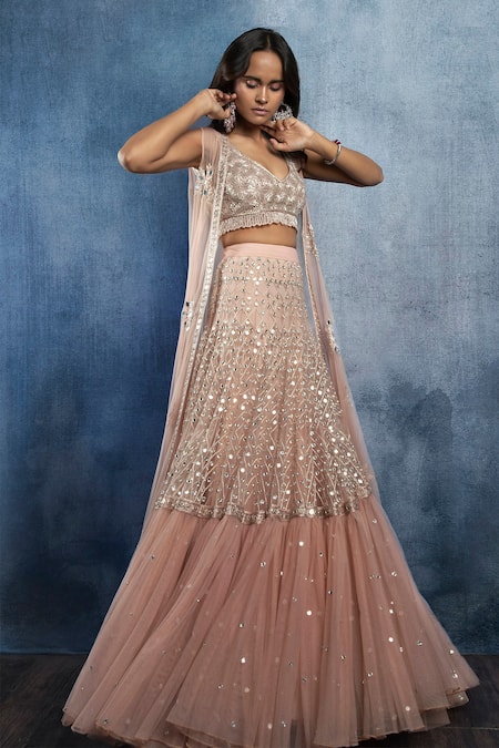 Ritika Mirchandani Pink Net Embroidered Jacket Lehenga Set