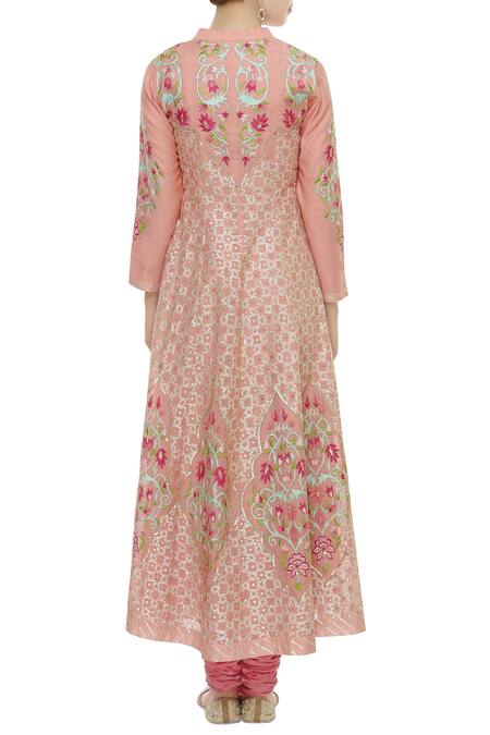 Shop Aiman Pink Silk Chanderi Split Neck Anarkali Set at Aza Fashions Shop_Aiman_Pink Silk Chanderi Split Neck Anarkali Set_at_Aza_Fashions