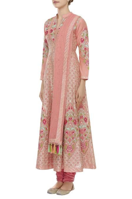 Aiman Pink Silk Chanderi Split Neck Anarkali Set Online at Aza Fashions Aiman_Pink Silk Chanderi Split Neck Anarkali Set_Online_at_Aza_Fashions
