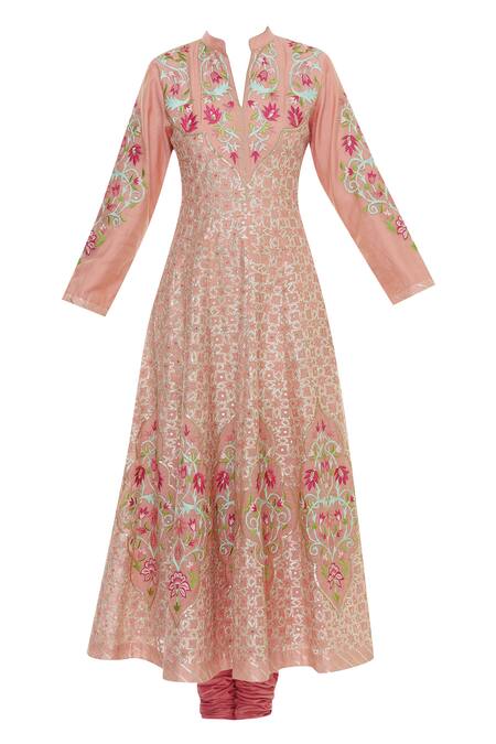 Buy Aiman Pink Silk Chanderi Split Neck Anarkali Set Online at Aza Fashions Buy_Aiman_Pink Silk Chanderi Split Neck Anarkali Set_Online_at_Aza_Fashions