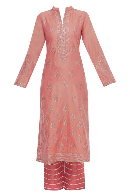 Buy_Aiman_Coral Silk Chanderi Mandarin Collar Embroidered Kurta Set_Online_at_Aza_Fashions