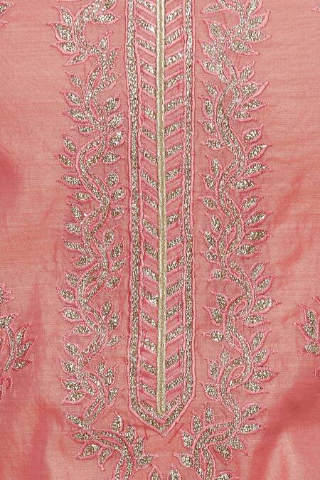 Aiman_Coral Silk Chanderi Mandarin Collar Embroidered Kurta Set_at_Aza_Fashions