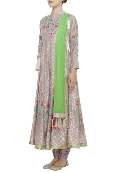Aiman_Purple Silk Chanderi Mandarin Collar Embroidered Kurta Set_Online_at_Aza_Fashions