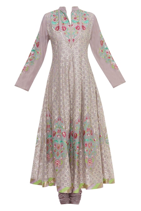 Buy_Aiman_Purple Silk Chanderi Mandarin Collar Embroidered Kurta Set_Online_at_Aza_Fashions