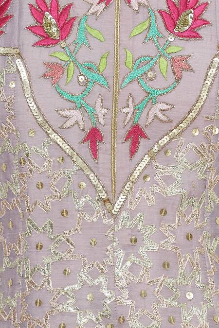 Aiman_Purple Silk Chanderi Mandarin Collar Embroidered Kurta Set_at_Aza_Fashions