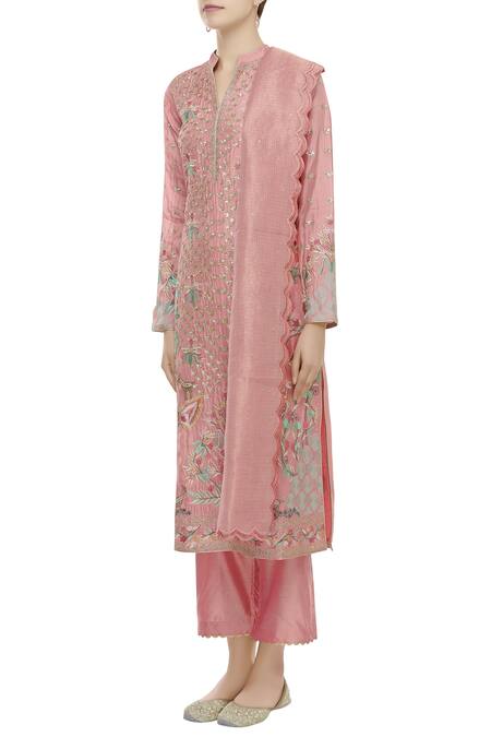 Aiman_Pink Silk Chanderi Mandarin Collar Embroidered Kurta Set_Online_at_Aza_Fashions