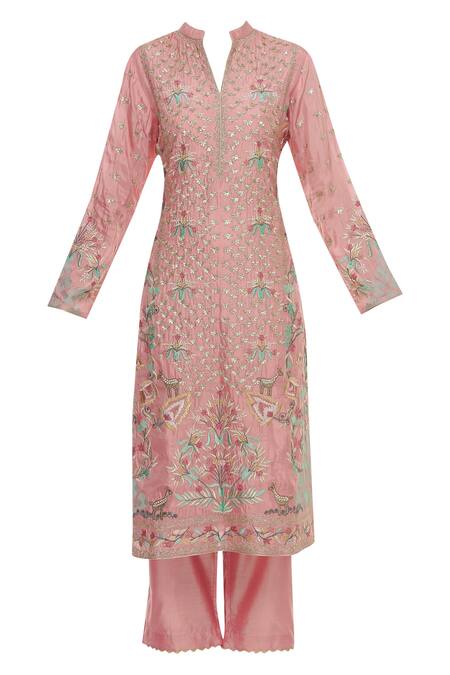 Buy_Aiman_Pink Silk Chanderi Mandarin Collar Embroidered Kurta Set_Online_at_Aza_Fashions