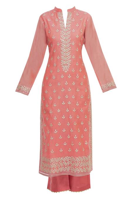 Buy_Aiman_Coral Silk Chanderi Mandarin Collar Embroidered Kurta Set_Online_at_Aza_Fashions