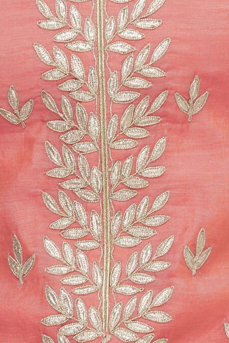 Shop_Aiman_Coral Silk Chanderi Mandarin Collar Embroidered Kurta Set_Online_at_Aza_Fashions