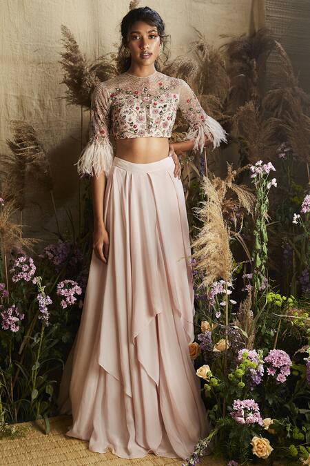 Ridhi Mehra Pink Net Round Neck Embroidered Blouse Lehenga Set Online at Aza Fashions Ridhi Mehra_Pink Net Round Neck Embroidered Blouse Lehenga Set _Online_at_Aza_Fashions