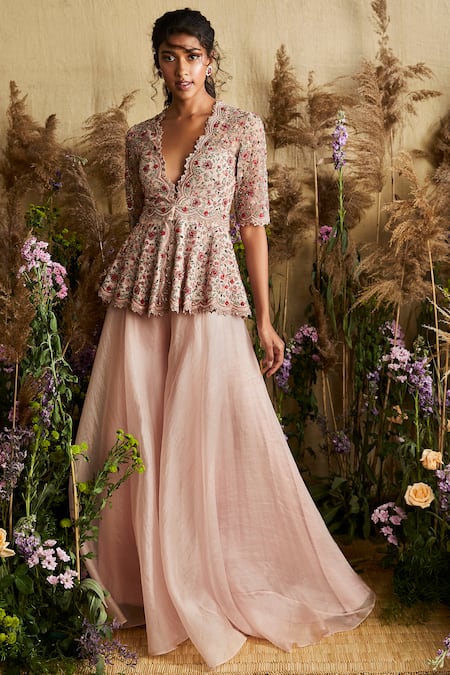 Shop_Ridhi Mehra_Pink Net V Neck Embroidered Top And Gharara Set  _Online_at_Aza_Fashions