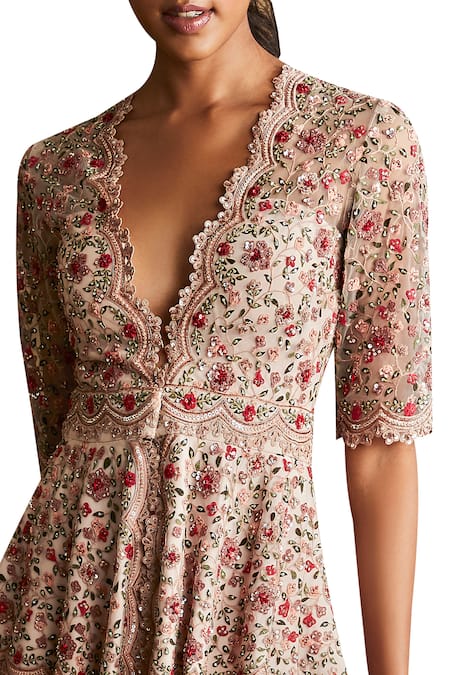 Ridhi Mehra_Pink Net V Neck Embroidered Top And Gharara Set  _at_Aza_Fashions