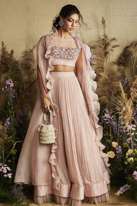 Ridhi Mehra_Pink Round Neck Embroidered Blouse Lehenga And Cape Set _Online_at_Aza_Fashions