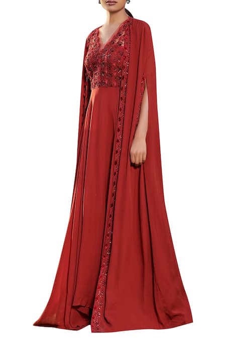 Shop Sana Barreja Maroon Net, Georgette V Neck Embroidered Anarkali With Jacket at Aza Fashions Shop_Sana Barreja_Maroon Net, Georgette V Neck Embroidered Anarkali With Jacket _at_Aza_Fashions