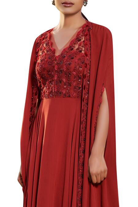 Sana Barreja Maroon Net, Georgette V Neck Embroidered Anarkali With Jacket Online at Aza Fashions Sana Barreja_Maroon Net, Georgette V Neck Embroidered Anarkali With Jacket _Online_at_Aza_Fashions