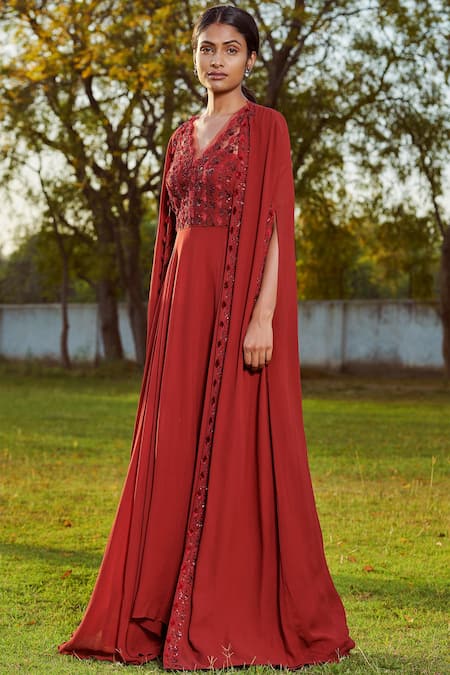 Buy Sana Barreja Maroon Net, Georgette V Neck Embroidered Anarkali With Jacket Online at Aza Fashions Buy_Sana Barreja_Maroon Net, Georgette V Neck Embroidered Anarkali With Jacket _Online_at_Aza_Fashions