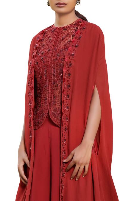 Sana Barreja_Maroon Round Embroidered Blouse Jacket And Pant Set _Online_at_Aza_Fashions