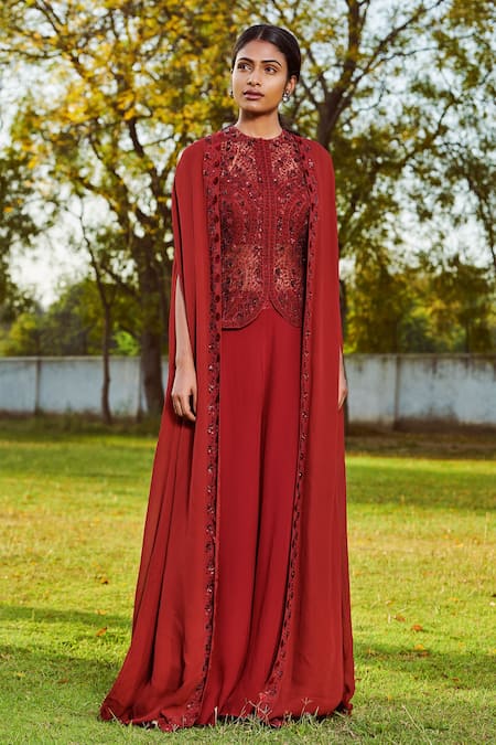 Buy_Sana Barreja_Maroon Round Embroidered Blouse Jacket And Pant Set _Online_at_Aza_Fashions