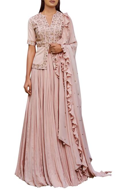 Buy Sana Barreja Pink V Neck Embroidered Blouse Lehenga Set Online at Aza Fashions Buy_Sana Barreja_Pink V Neck Embroidered Blouse Lehenga Set _Online_at_Aza_Fashions