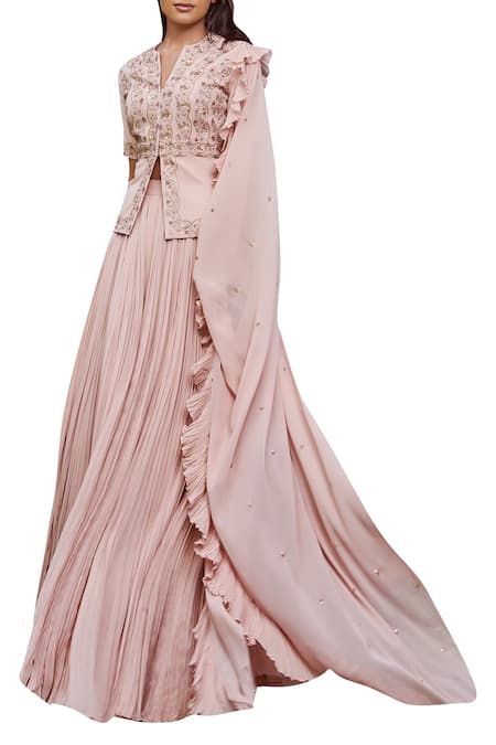 Shop Sana Barreja Pink V Neck Embroidered Blouse Lehenga Set at Aza Fashions Shop_Sana Barreja_Pink V Neck Embroidered Blouse Lehenga Set _at_Aza_Fashions