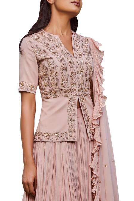 Sana Barreja Pink V Neck Embroidered Blouse Lehenga Set Online at Aza Fashions Sana Barreja_Pink V Neck Embroidered Blouse Lehenga Set _Online_at_Aza_Fashions