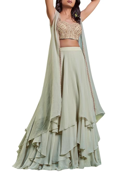 Shop Sana Barreja Green Net, Chiffon Sweetheart Neck Jacket Lehenga Set at Aza Fashions Shop_Sana Barreja_Green Net, Chiffon Sweetheart Neck Jacket Lehenga Set _at_Aza_Fashions