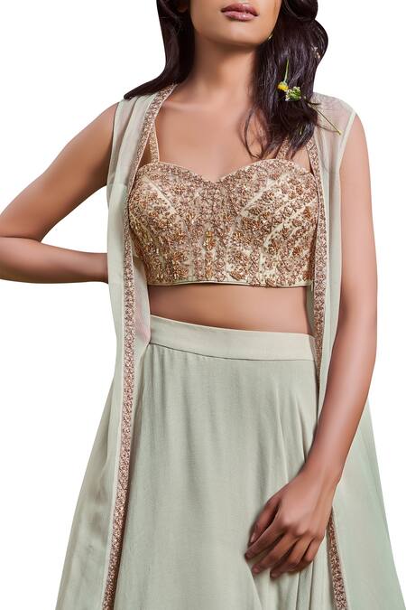 Sana Barreja Green Net, Chiffon Sweetheart Neck Jacket Lehenga Set Online at Aza Fashions Sana Barreja_Green Net, Chiffon Sweetheart Neck Jacket Lehenga Set _Online_at_Aza_Fashions