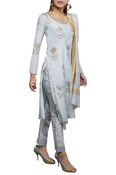 Shop_Show Shaa_Blue Organza, Chanderi, Satin Kurta Set With Maheshwari Dupatta_at_Aza_Fashions