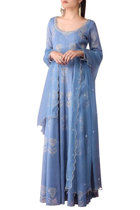 Show Shaa_Blue Georgette, Silk Organza, Round Block Print Anarkali Set_Online_at_Aza_Fashions