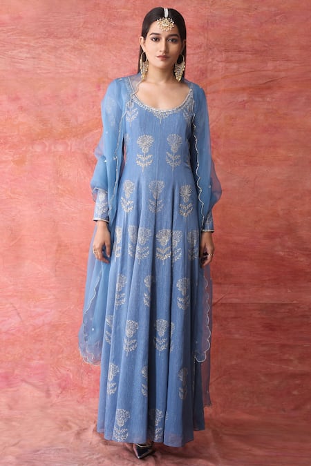 Show Shaa Blue Georgette, Silk Organza, Round Block Print Anarkali Set