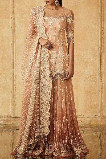 Tarun Tahiliani Peach Embroidered Kurta Sharara Set