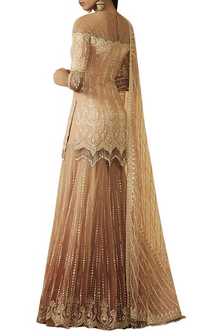 Shop Tarun Tahiliani Peach Embroidered Kurta Sharara Set at Aza Fashions Shop_Tarun Tahiliani_Peach Embroidered Kurta Sharara Set_at_Aza_Fashions