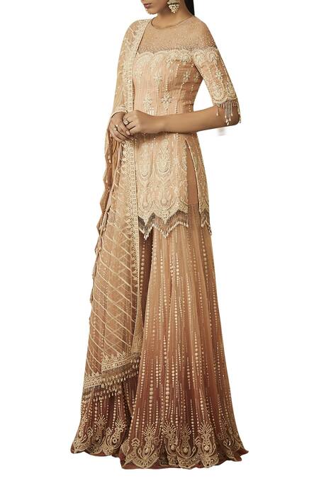 Tarun Tahiliani Peach Embroidered Kurta Sharara Set Online at Aza Fashions Tarun Tahiliani_Peach Embroidered Kurta Sharara Set_Online_at_Aza_Fashions