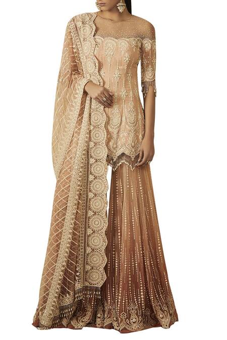 Buy Tarun Tahiliani Peach Embroidered Kurta Sharara Set Online at Aza Fashions Buy_Tarun Tahiliani_Peach Embroidered Kurta Sharara Set_Online_at_Aza_Fashions