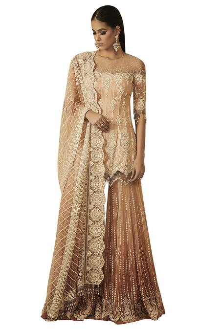 Shop Tarun Tahiliani Peach Embroidered Kurta Sharara Set Online at Aza Fashions Shop_Tarun Tahiliani_Peach Embroidered Kurta Sharara Set_Online_at_Aza_Fashions