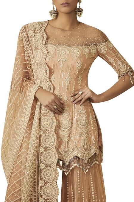 Tarun Tahiliani Peach Embroidered Kurta Sharara Set at Aza Fashions Tarun Tahiliani_Peach Embroidered Kurta Sharara Set_at_Aza_Fashions