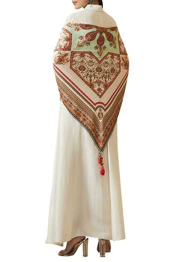 Tarun Tahiliani_Off White Printed Tassel Detail Scarf_Online_at_Aza_Fashions