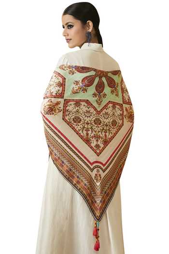 Buy_Tarun Tahiliani_Off White Printed Tassel Detail Scarf_Online_at_Aza_Fashions