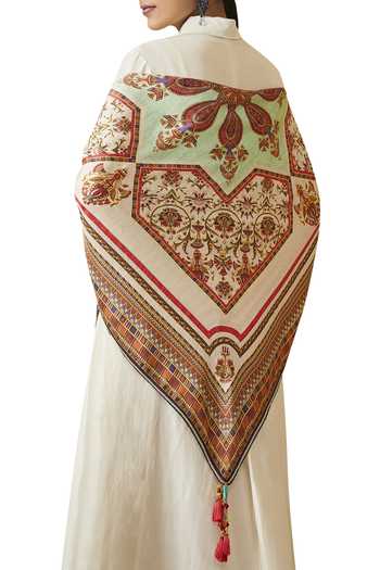 Shop_Tarun Tahiliani_Off White Printed Tassel Detail Scarf_Online_at_Aza_Fashions